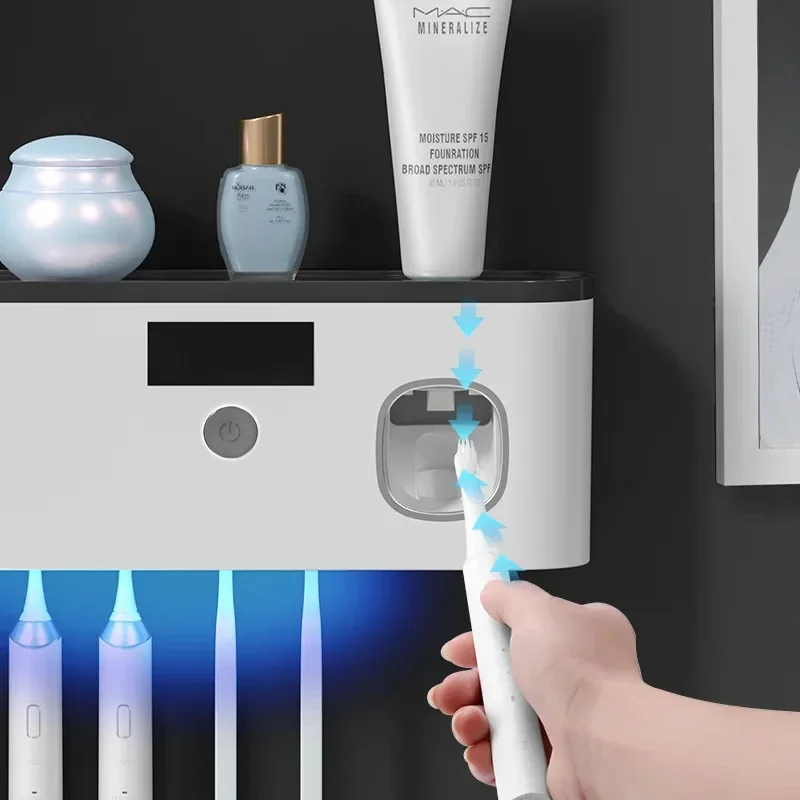 Toothpaste Dispenser Wall Mounted Toothbrush Holder Without Drilling Toothbrush Holder with 5 Brush Slots Toothbrush Organizer