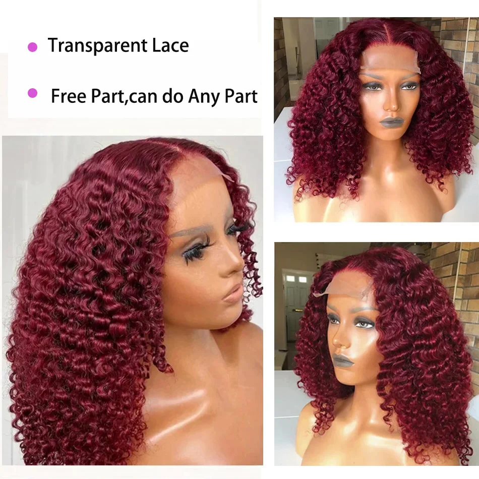 99J Red Colored Deep Wave Wigs Human Hair 13x4 Burgundy Short Bob HD Lace Front Human Hair Wigs For Women Short Deep wave