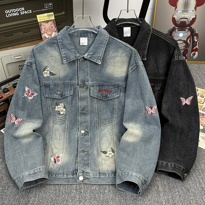 

Floral Embroidery Men's Denim Jackets High Street Loose Fit Collared Coats Sports Casual Top Trendy Brand Versatile Couple Jaet