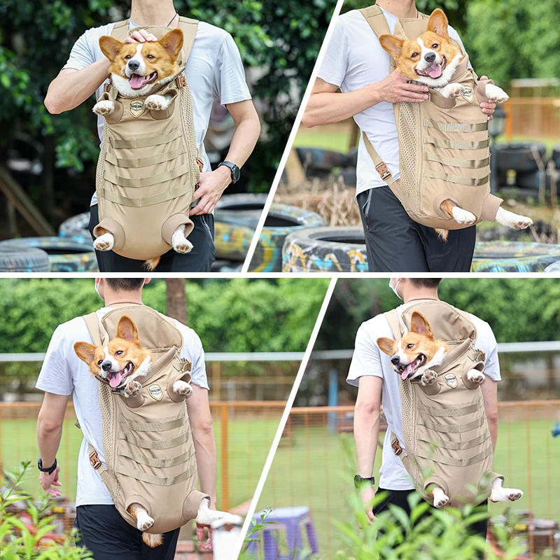 Backpack for Small Medium Dogs Hands Free Tactical Outdoor Pet Frontpack Soft Breathable Safety Travel Dog Carrier Military Tan