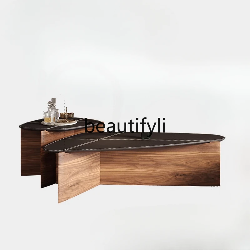 

Italian minimalist solid wood leather coffee table combination modern simple special-shaped coffee table side living room