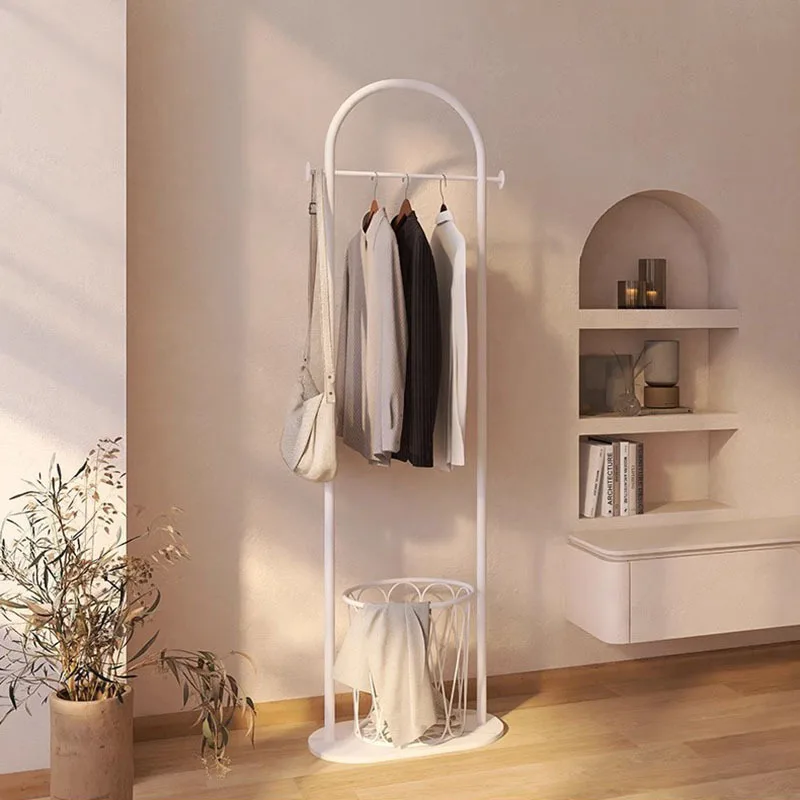 Bedroom metal hanger minimalist aesthetic, white storage rack, modern furniture