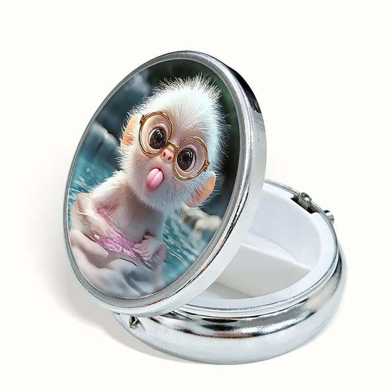 1 Cute Monkey Wearing Round Glasses Pill Box, 3-Compartment Metal Pill Box, Whimsical Animal Design, Convenient to Store in a Handbag, Fun Gift for Monkey Lovers