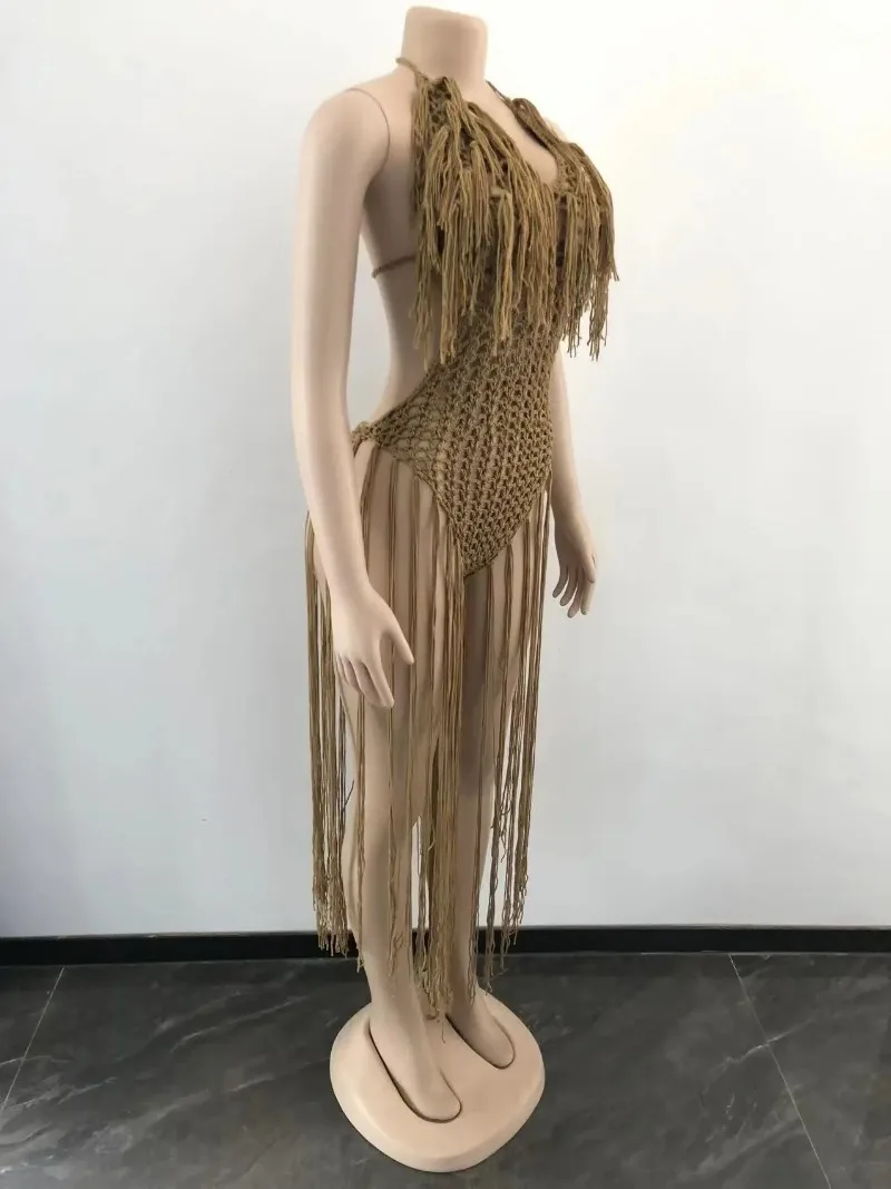 البوهيمي الكروشيه محبوك المرأة الشاطئ خمر شرابة الرسن الرقبة فستان طويل عارية الذراعين مثير شاطئ فستان شبكة صيد السمك