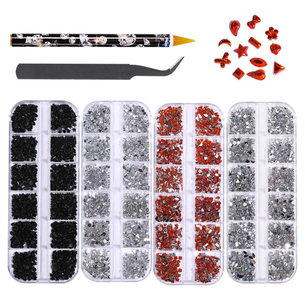 12 griglie AB/Bianco/Rosa Rotondo Flatback Nail Art Charms Misto Stella/Luna/Amore/Fiore/Arco Diamante Party Fai da te Lucido Manicure Strass