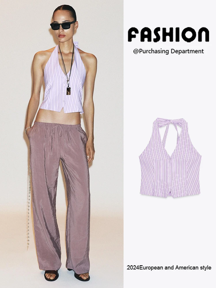 

New Summer Women's Bal Svel Stripe Ne Hanging Vest Sle Top Chinese Ethnic Stage Performance Clothing