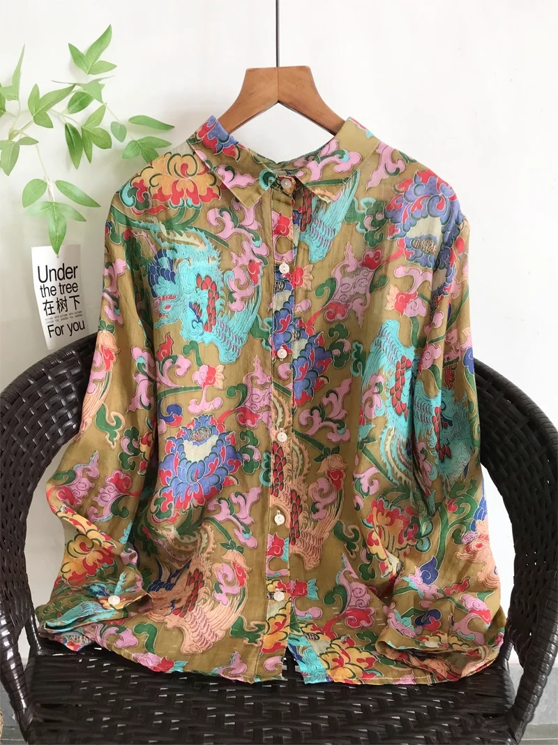 

100% Ramie shirts ethnic style vintage print button up shirts for women autumn clothes Mexico style long sleeve tops