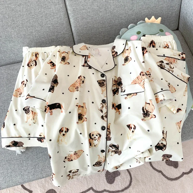 French Kawaii Cute Little Dog Print Women\'s 3pc Pajamas Y2k Cartoon Milk Silk Casual Nightgown 2024 New Autumn Chic Lazy Lounges