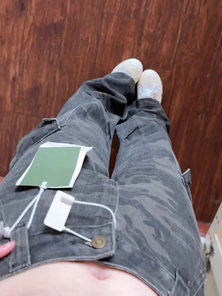 Elegant Casual Slim Floor Mom Jeans American Vintage Camouflage Safari Style Pants Straight High Waist Hop Moda Pant