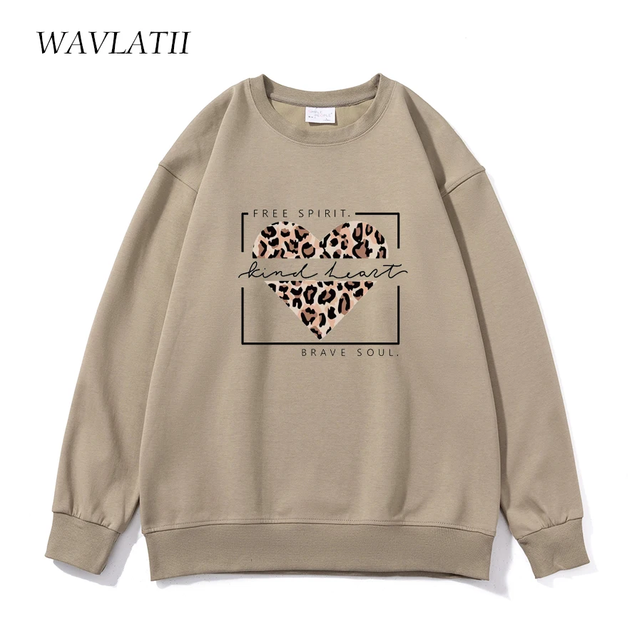 WAVLATII New Women Casual Cotton Sweatshirts Female Light Khaki Leopard Heart Printed Hoodies Lady Tops for Spring Autumn WH2352