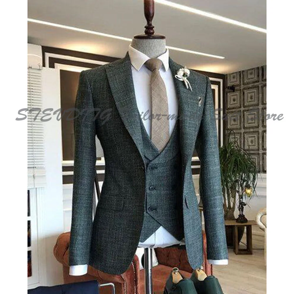 

Green 3 Pieces Jacket Vest Pants Men Suits High Quality Single Breasted Notch Collar Fashion Male Clothing Luxury Classic