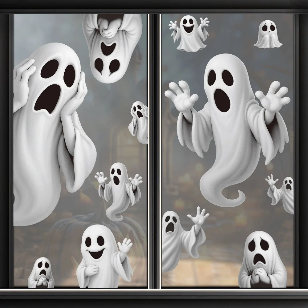 Cartoon Ghost Halloween Window Stickers PVC Static Decals Halloween Party Decoration for Home Mall Glass Door Window