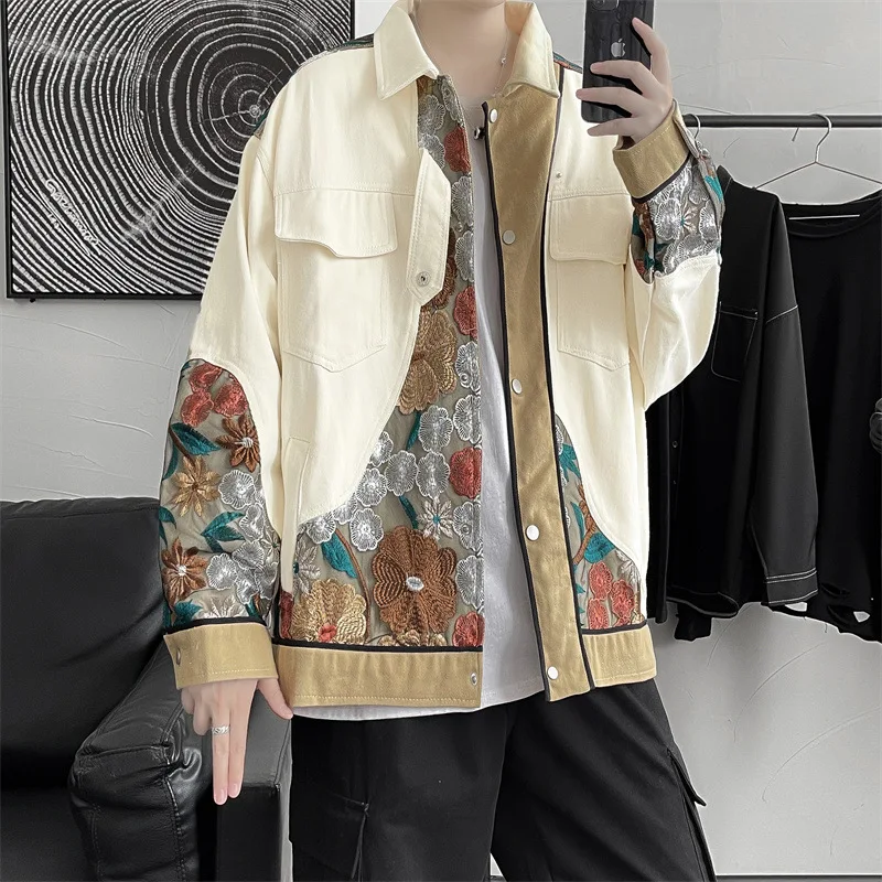 Jackets Men Flower Embroidery Patchwork Men's Jacket Casual Varsity Vintage Windbreaker Harajuku Cozy Streetwear Unisex