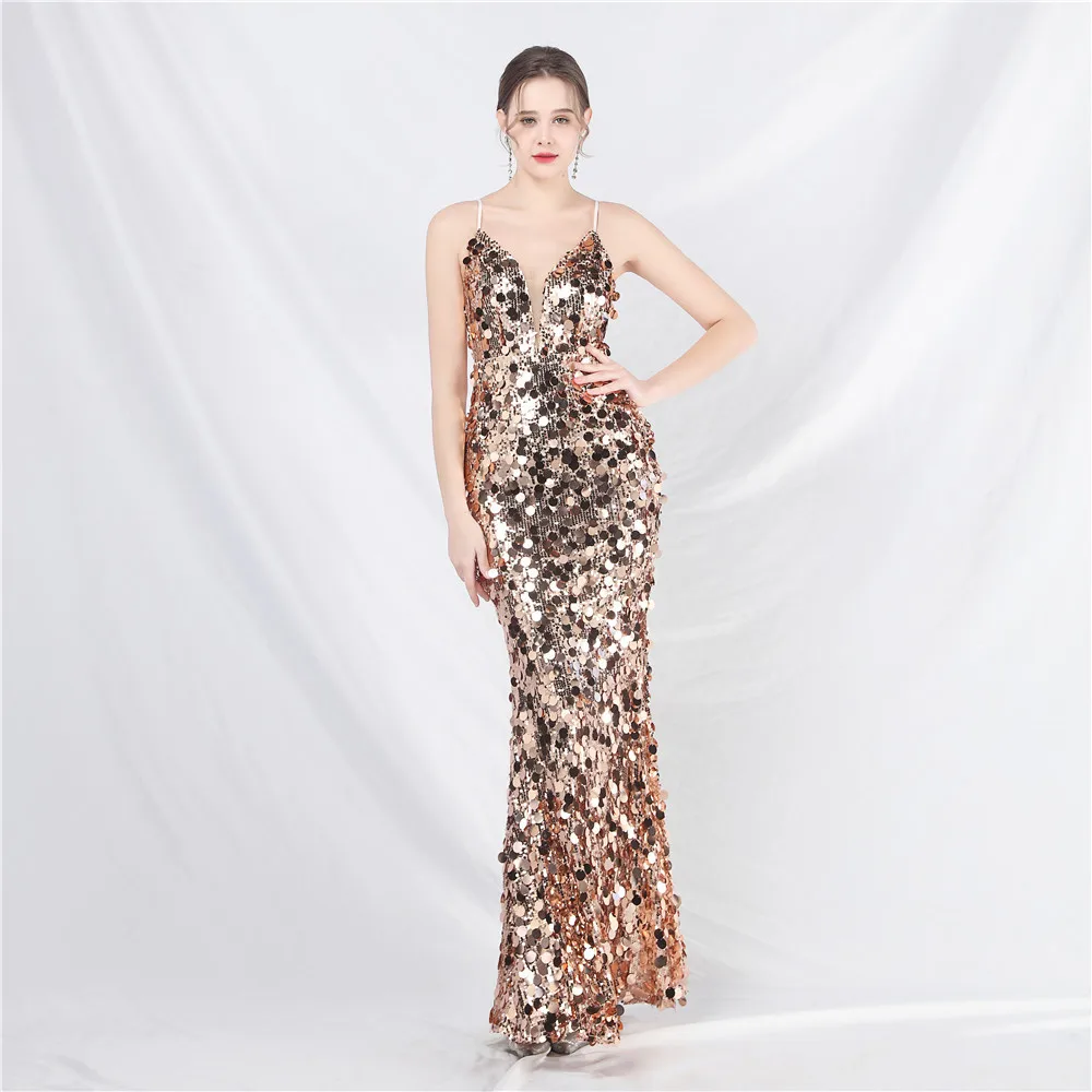 Shiny Gold Mermaid Sequin Evening Dress 2024 Backless Spaghetti Straps Long Women Special Occasion Gowns In Stock