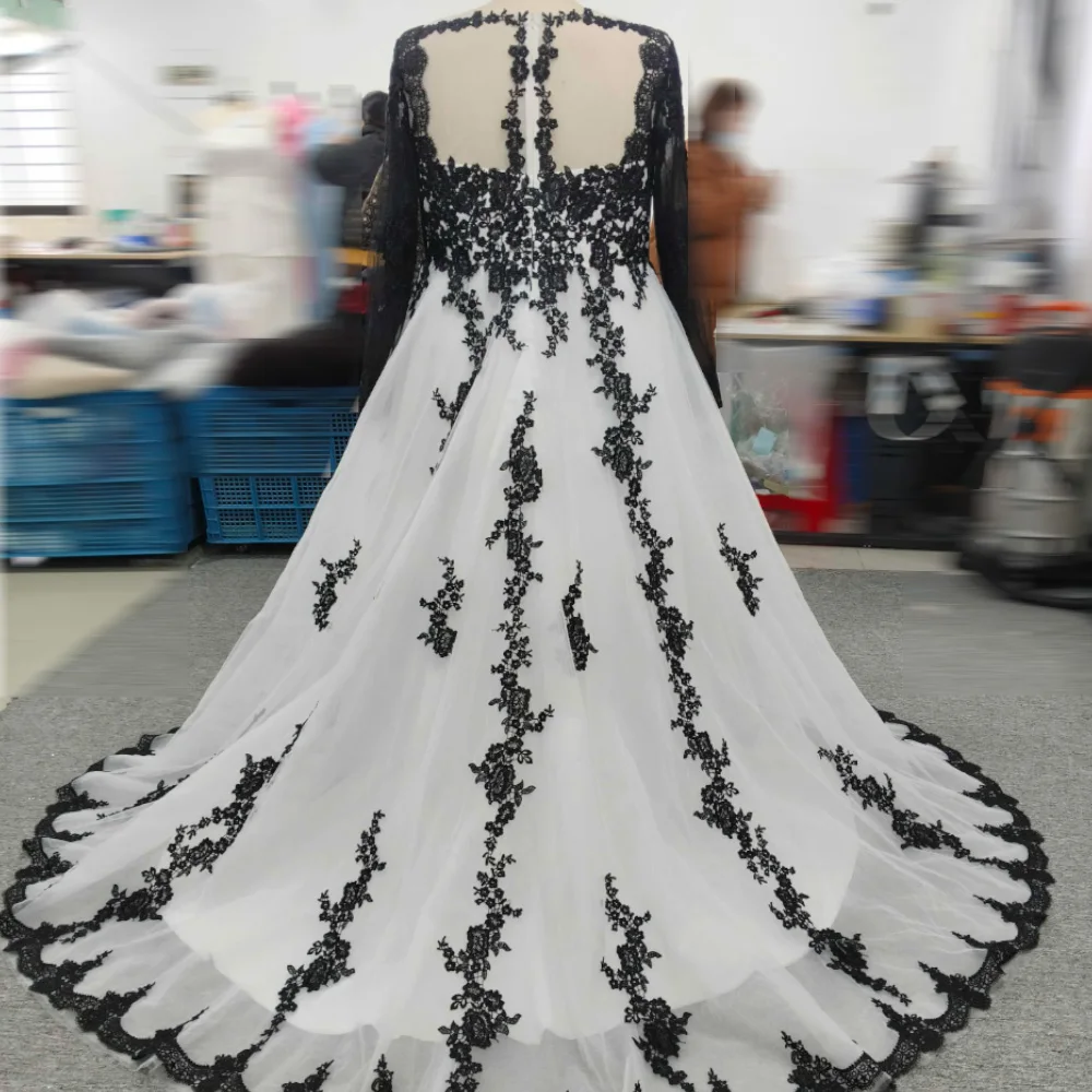 Vestido de casamento preto e branco mais tamanho para o tamanho grande querida sem costas andar comprimento com trem longo vestidos de noiva feitos sob encomenda