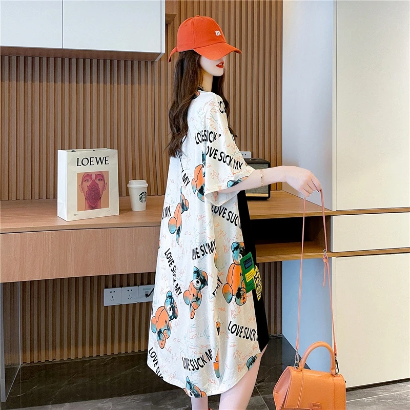 Extra Large 300 Pou mi-longue ort-savé t-shirt Dr paresseux été nouveau Sle ample Version coréenne imprimé h-line Dr