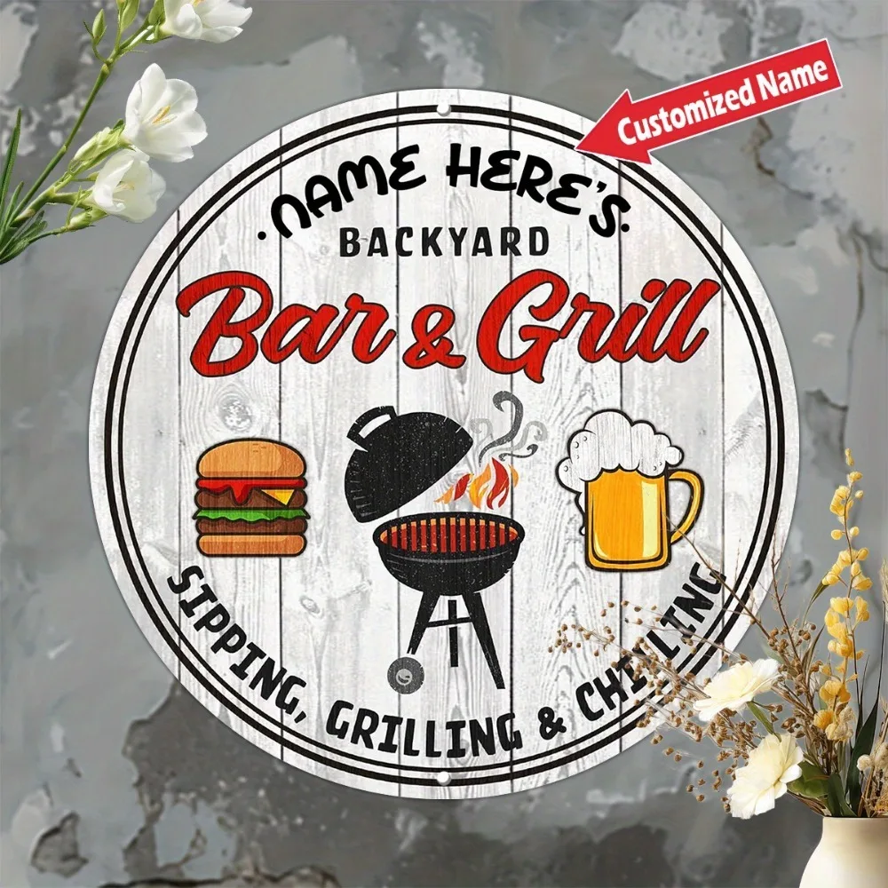 CIFbuy Custom Backyard Bar & Grill Round Metal Sign,Personalized BBQ Wall Decor (Only For Decoration)