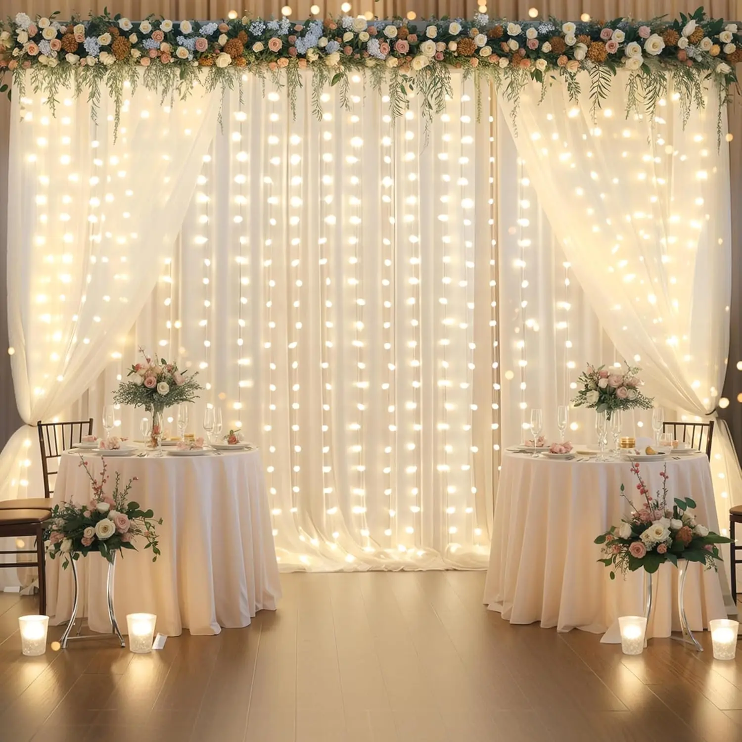 40x10 ft Iovry Tulle Backdrop Curtain with Lights, Wrinkle Free Sheer Backdrop Drapes 8 Panels 5x10ft for Birthday Party Wedding