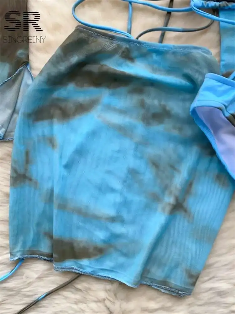 BabYoung Ternos Sexy Mulheres Verão Regata + Leggings Triangulares + Camisa de Manga Longa + Saia Curta Bodycon Conjuntos de 4 Peças de Férias