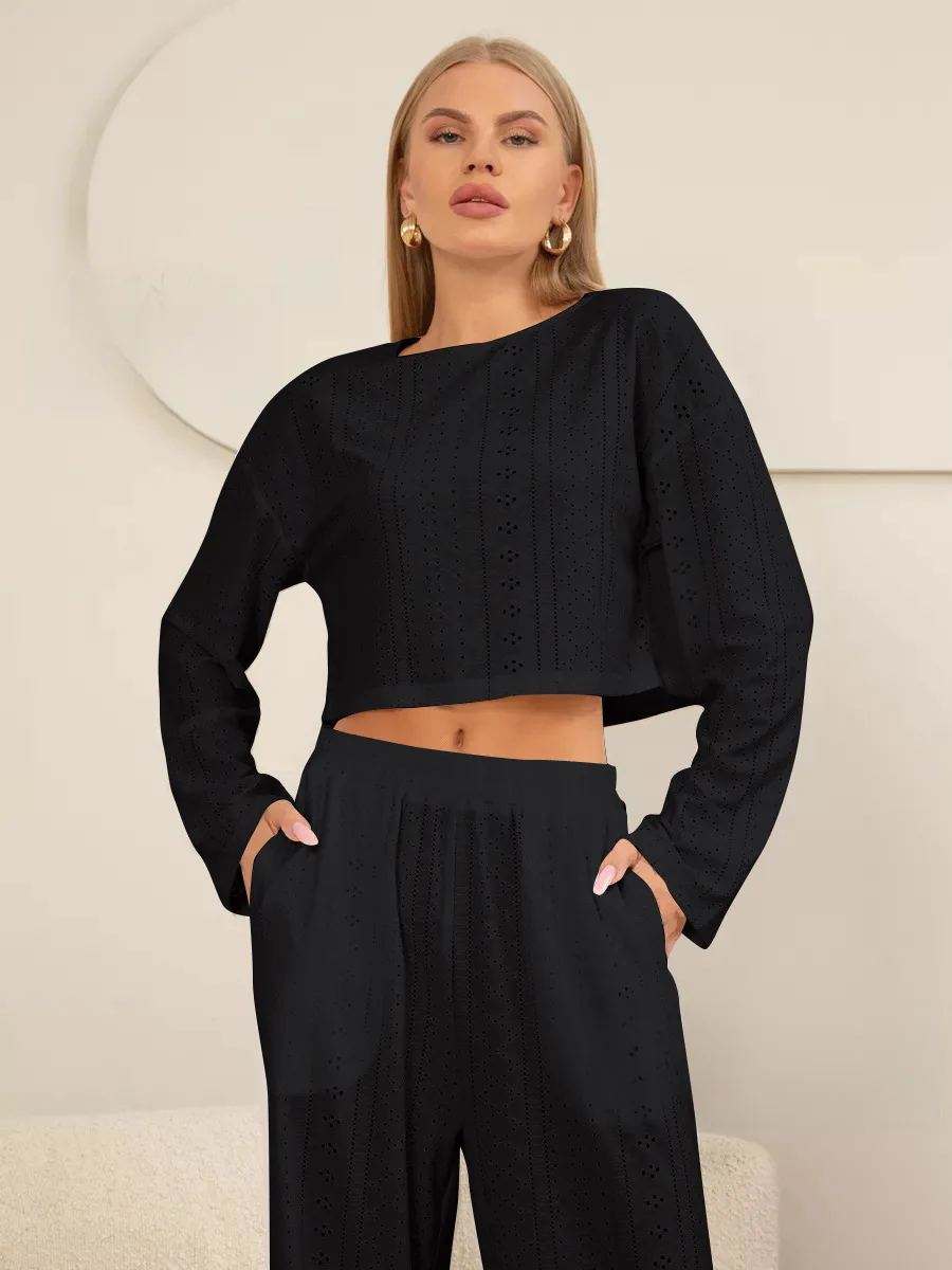New autumn and winter European-style women's pajamas set, pure hollow-out jacquard long-sleeved pajamas and pants, home wear