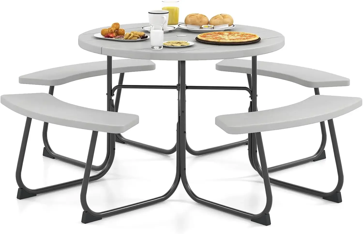 

Round Outdoor Picnic Table Bench Set With Umbrella Hole Wood Texture Base For Backyard Grey