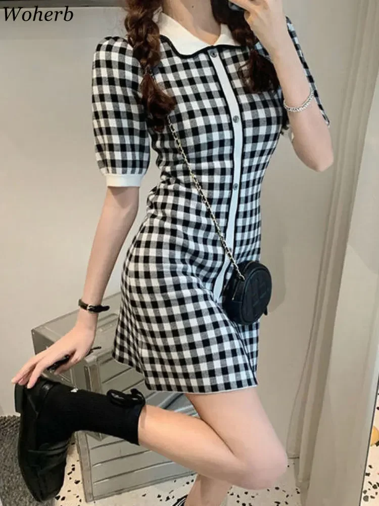 Woherb Vintage Plaid Knitted A-line Dress Women 2024 Summer Short Sleeve Single-breasted Elegant Fashion Ladies Vestidos Mujer