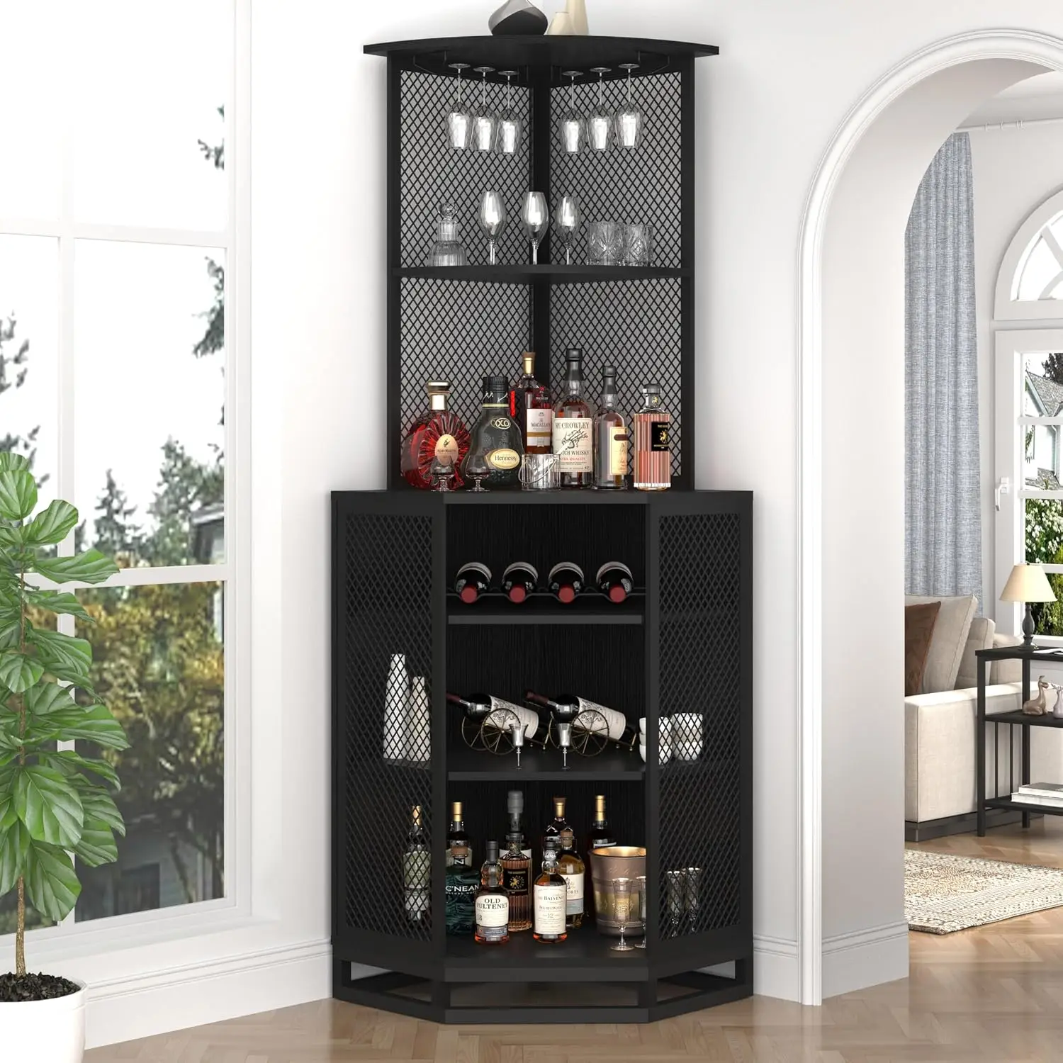 71 Inch Black Oak Farmhouse Tall Corner Bar Cabinet With Glass Holder, Customized