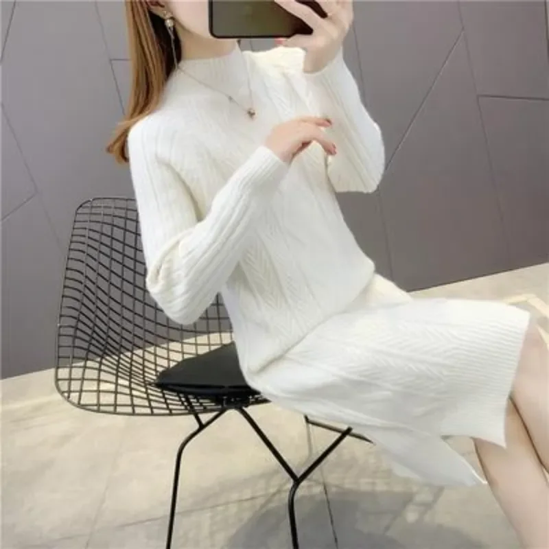 Chic Long Pullover Sweater Dress Women's Outer Wear 2024 Autumn Winter New Inner Sweater Mid-Length Loose Warm Base Shirt Skirt