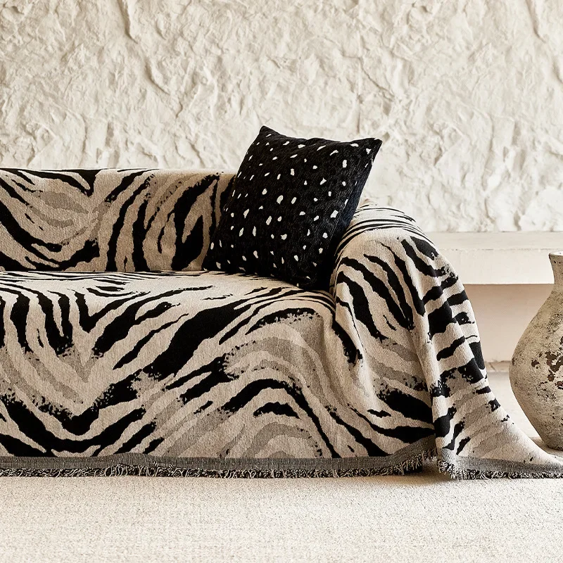 Chenille Abstract Striped Sofa Cover All-Season Soft Fringe Trim Washable Couch Protector for Living Room Bedroom Daily Decor