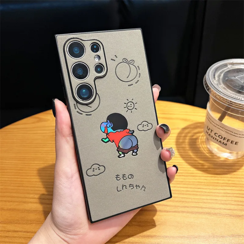 لطيف الكرتون مضحك تلوين شين تشان فو الجلود الليزر قضية الهاتف لسامسونج غالاكسي S25 S24 S23 S22 الترا زائد غطاء مقاوم للصدمات