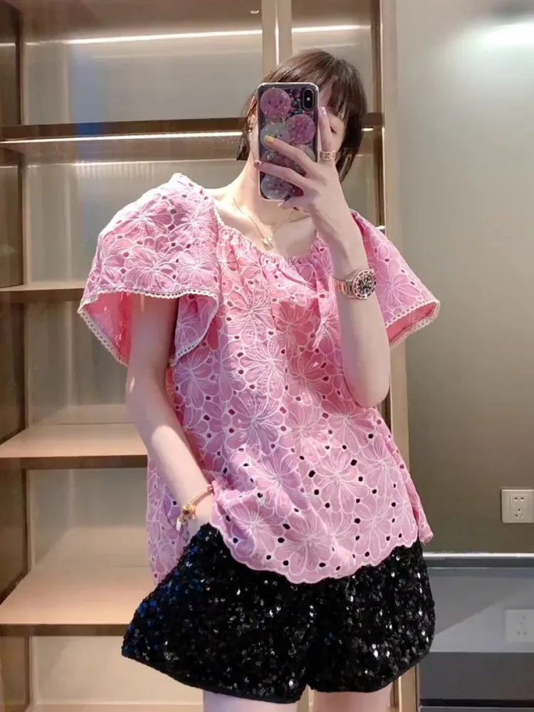 Fashion Sweet Korean Style Female Hollow Out Hook Flower Shirts Flare Sleeve Square Collar Slash Neck Loose Fit Pullover Tops