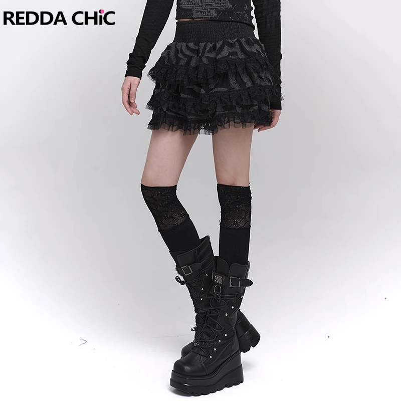 

REDDACHiC Gothic Women Cake Skirt Liner Shorts Black Destroyed Elastic Waist Stitch Lace Ruffle Tiered Mini Skirt Dark Clothes