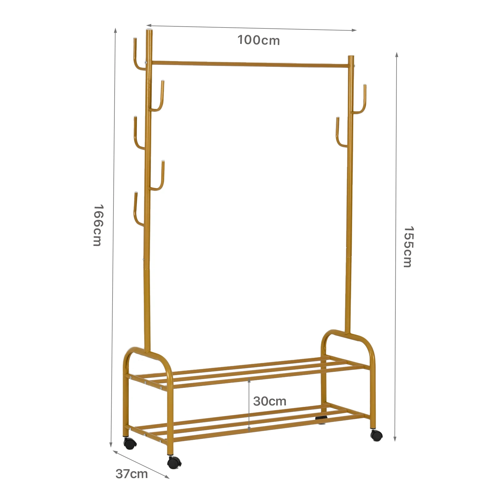 2- layer Garment Rack Gold with Wheels, Clothing Rack for Hanging Clothes with Top Rod and Bottom Shelves,9 Hooks