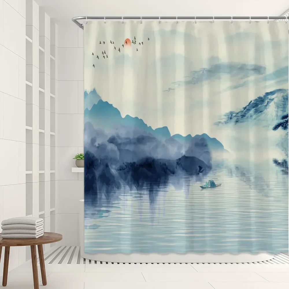 Chinese Painting Shower Curtain Aesthetic Ink Plum Landscape Natural Scenery Bathroom Decor Curtain Bath Curtain Set with Hook