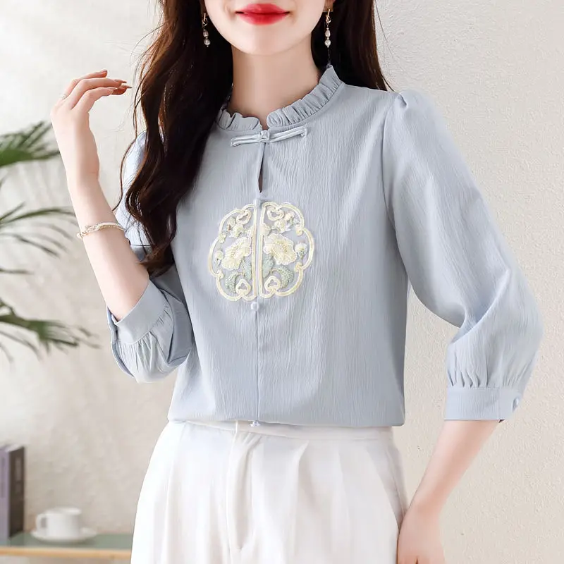 

Fashion Ruffled Neck Button Vintage Embroidery Blouses Women's Clothing 2024 Autumn New Loose Office Lady Tops All-match Shirts