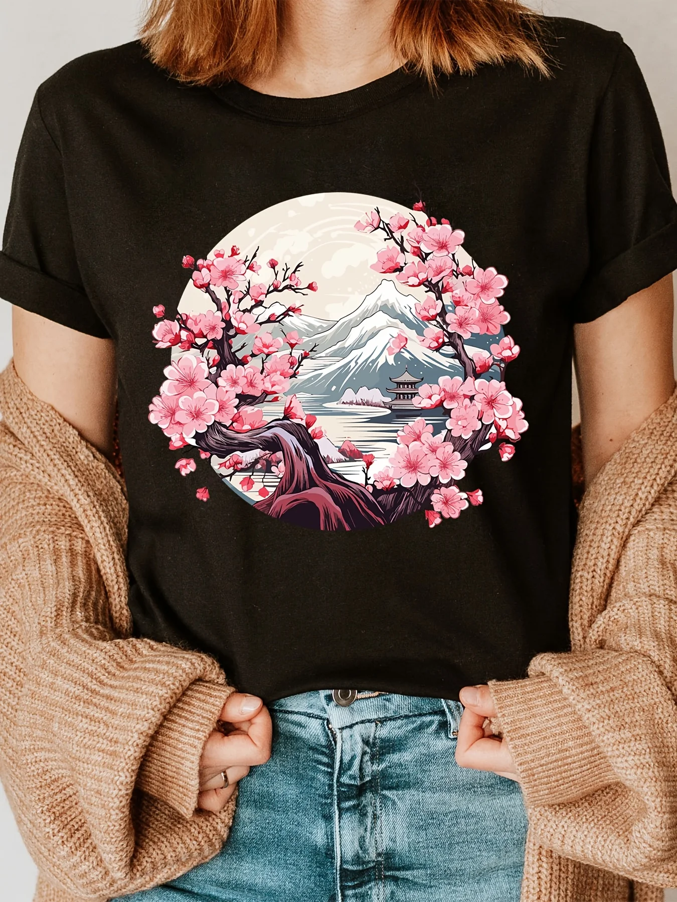 Neck Casual Top for Summer & Spring Women'S Clothing Cherry Blossom Tree Print T-Shirt Short Sleeve Crew