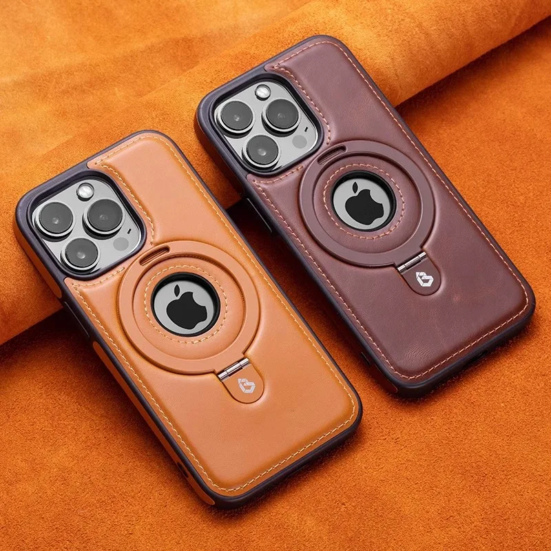 Magnetic Leather Stand Ring Case For iPhone 16 12 13 14 Plus 15 Pro Max Shockproof Hollow Logo Cover For Magsafe Wireless Charge