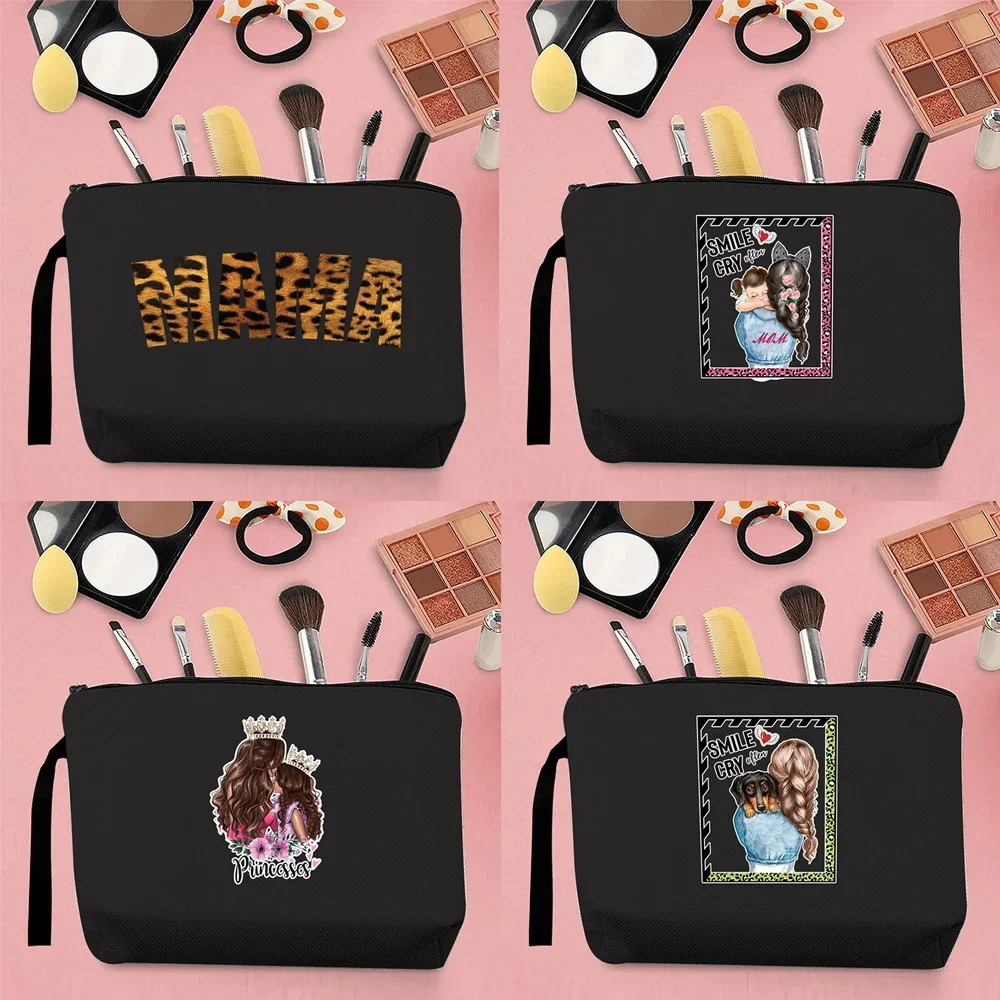 

Women's Cosmetic Bag Change Clutch Bag Storage Bag Mom Pattern Printing Series Portable Storage Travel Canvas Strap Black