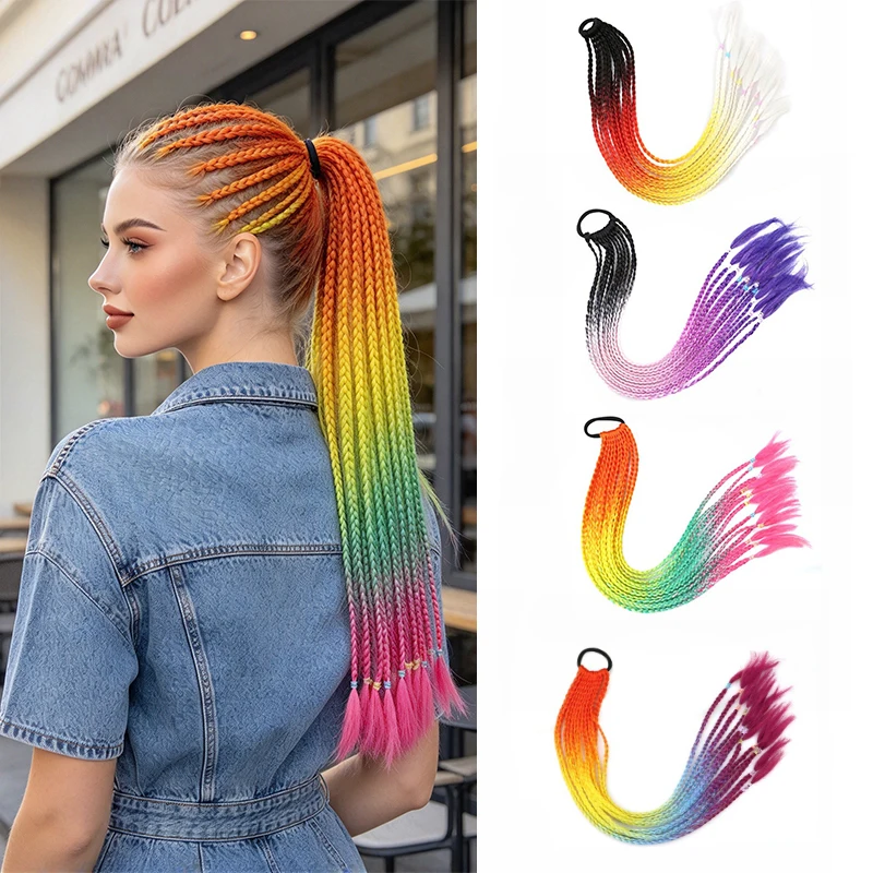 24Inch Synthetic Elastic Rubber Band Ponytail Extension 12Strands Long Braided Ponytail Hairpiece for Women Daily Party Hairstyl