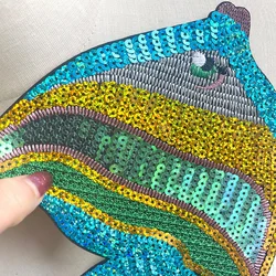 1 Piece Embroidered Shining Sequins Green Fish Fashion Decoration For Clothes Sew On Patch for Clothing DIY