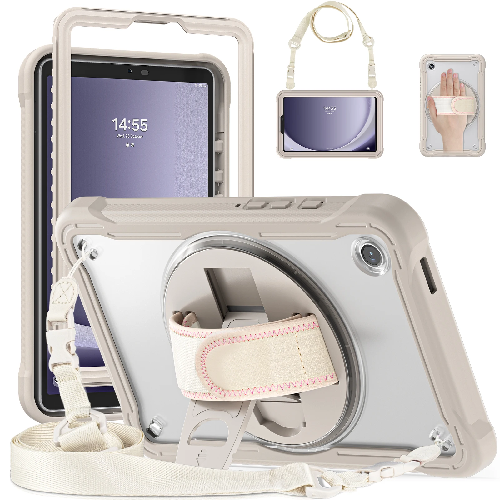 

For Samsung Galaxy Tab A9 Kickstand Case Hand Strap Tablet Cover Shoulder Strap - Khaki