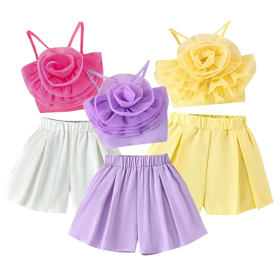 Stylish Summer Set for Girls Flower Net Top with Straps and Pleated Shorts Comfortable Two-Piece Ensemble Children Sets