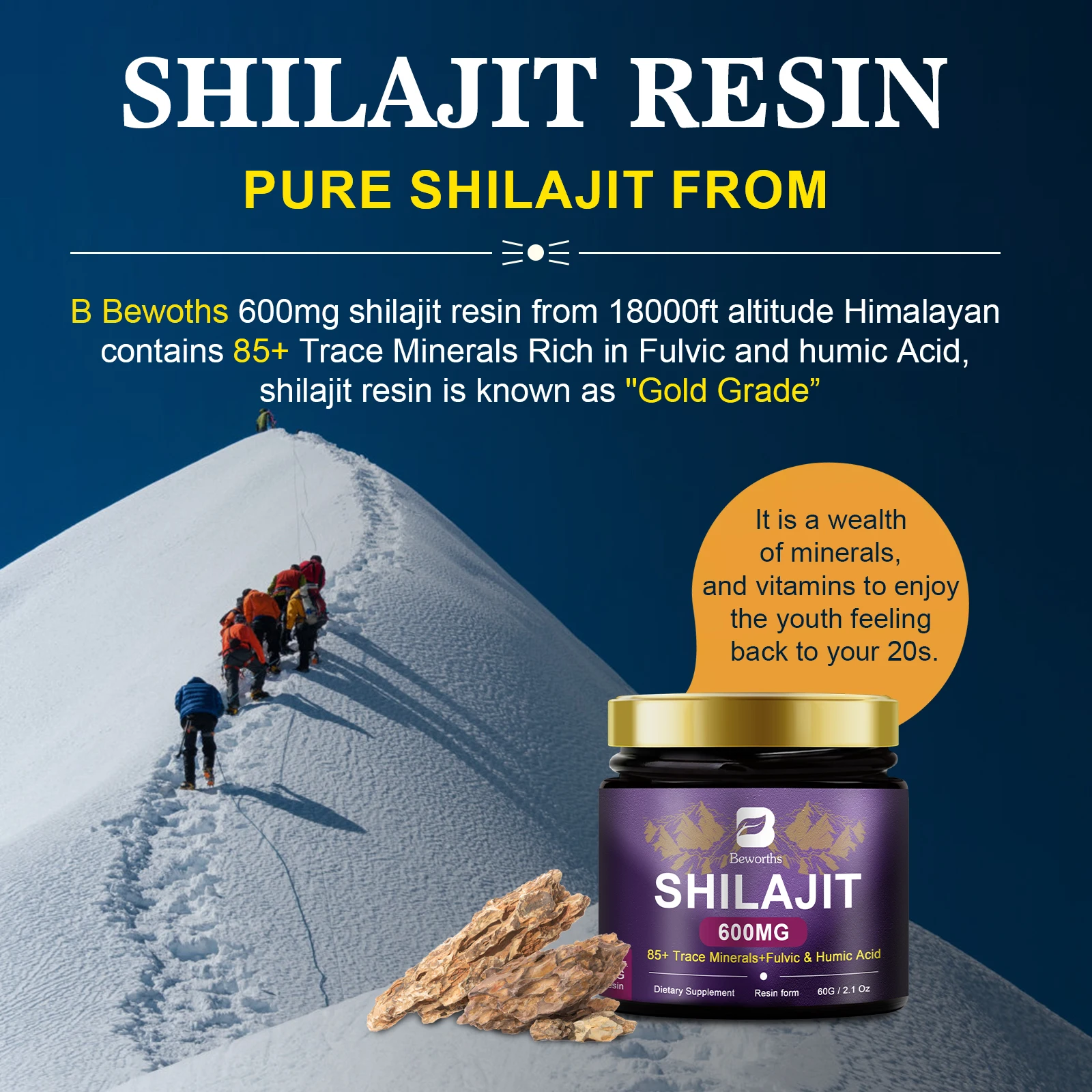 Beworths 60g Shilajit Resin Shilajits Original with Fulvic Acid Tested 85+ Trace Minerals