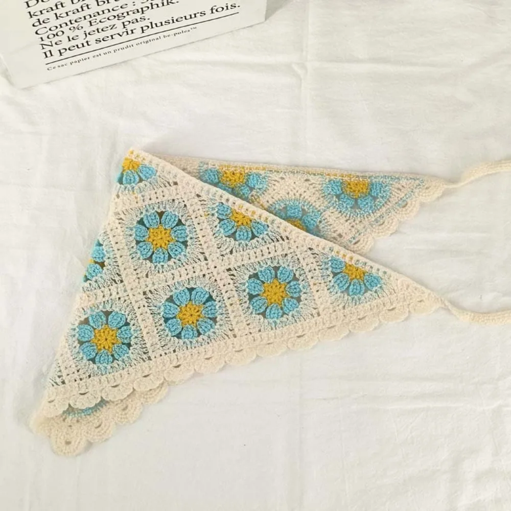 

Flower Women's Headscarf Sweet Knitted Triangular HairScarf Little Daisy Hollow Handmade Crochet Small Square Scarf for Summer