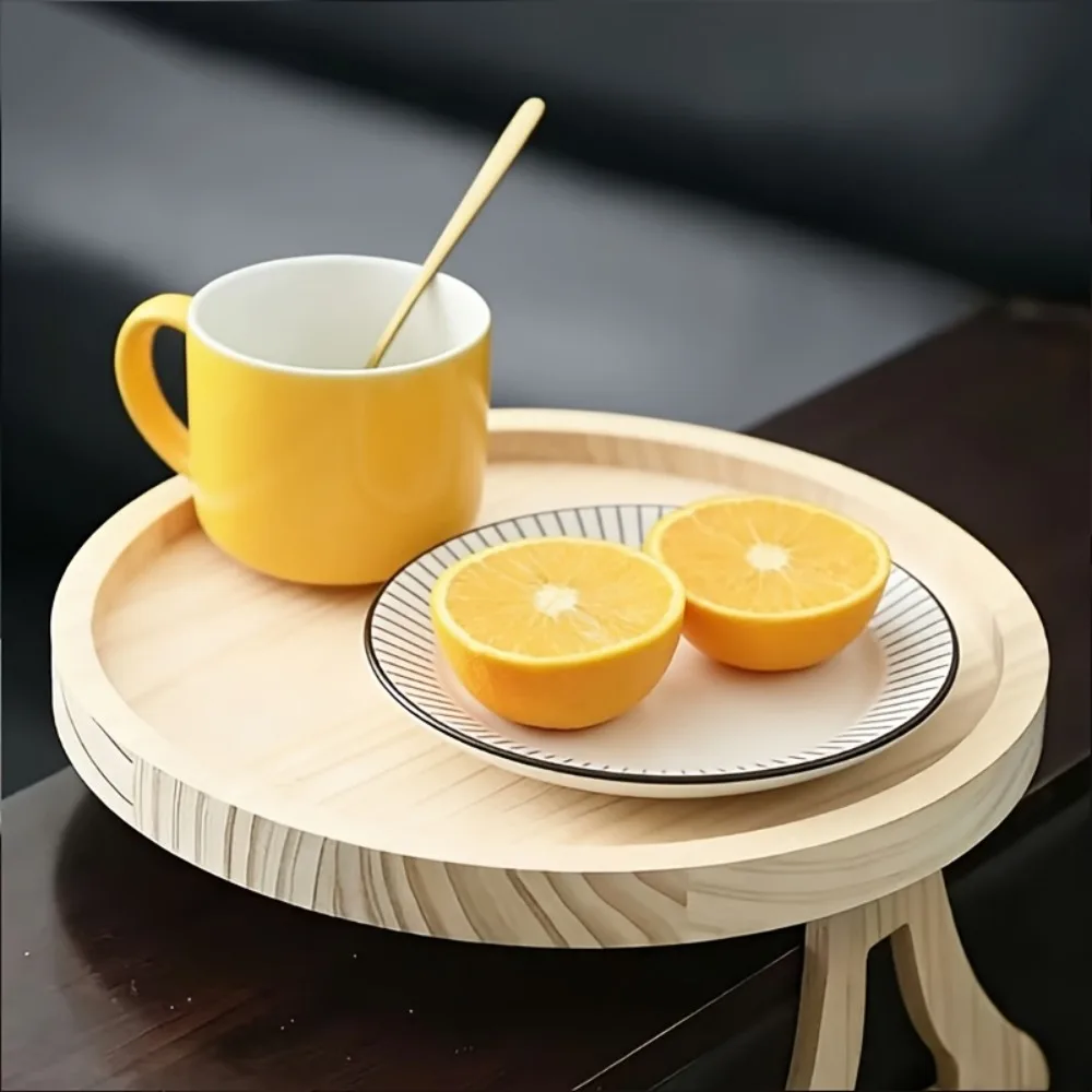 Wooden Sofa Armrest Tray Round Foldable, Clip on Couch Arm Table with Legs Cup Holder for Bed Sofa Snack Fruit Serving Tray