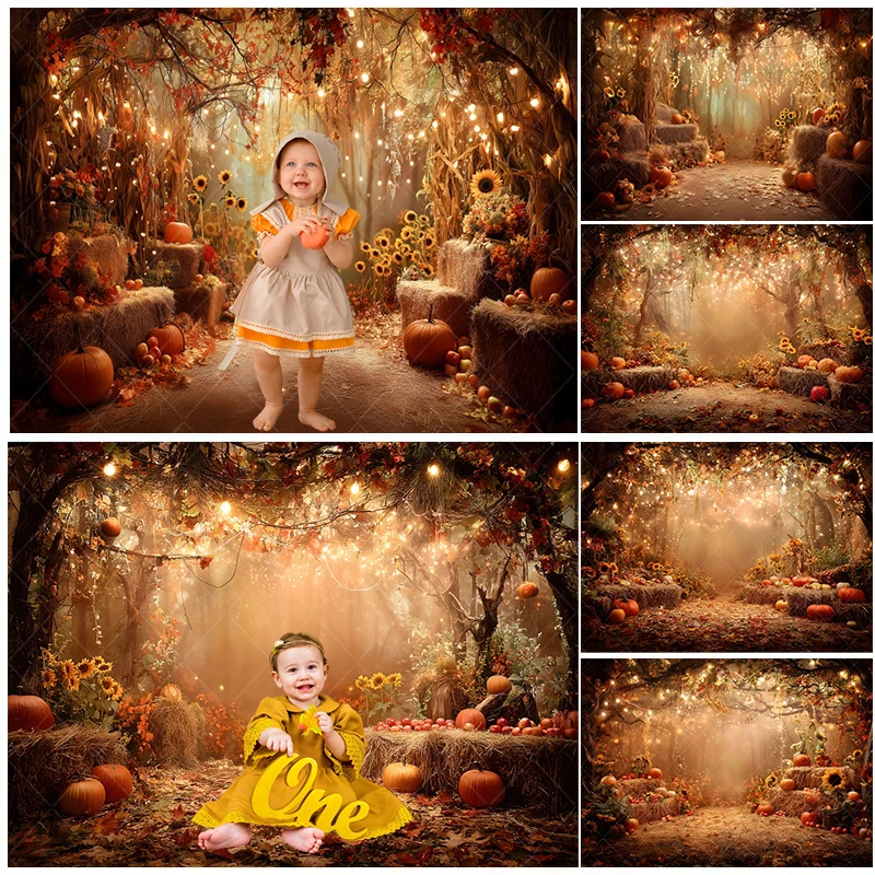 

Fall Forest Backdrops For Photography Maple Leaves Pumpkin Glitter Sunflower Haystack Autumn Thanksgiving Party Photo Background