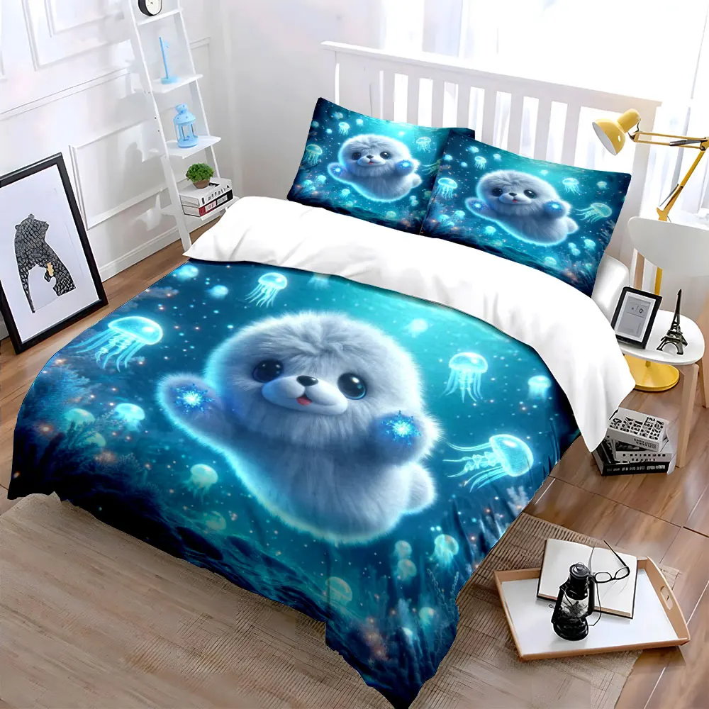 Fluffy pup dancing with jellyfish Printed Duvet Cover Set1 Duvet Cover+2 PillowcaseMulti Size Bedroom Bedding Decor