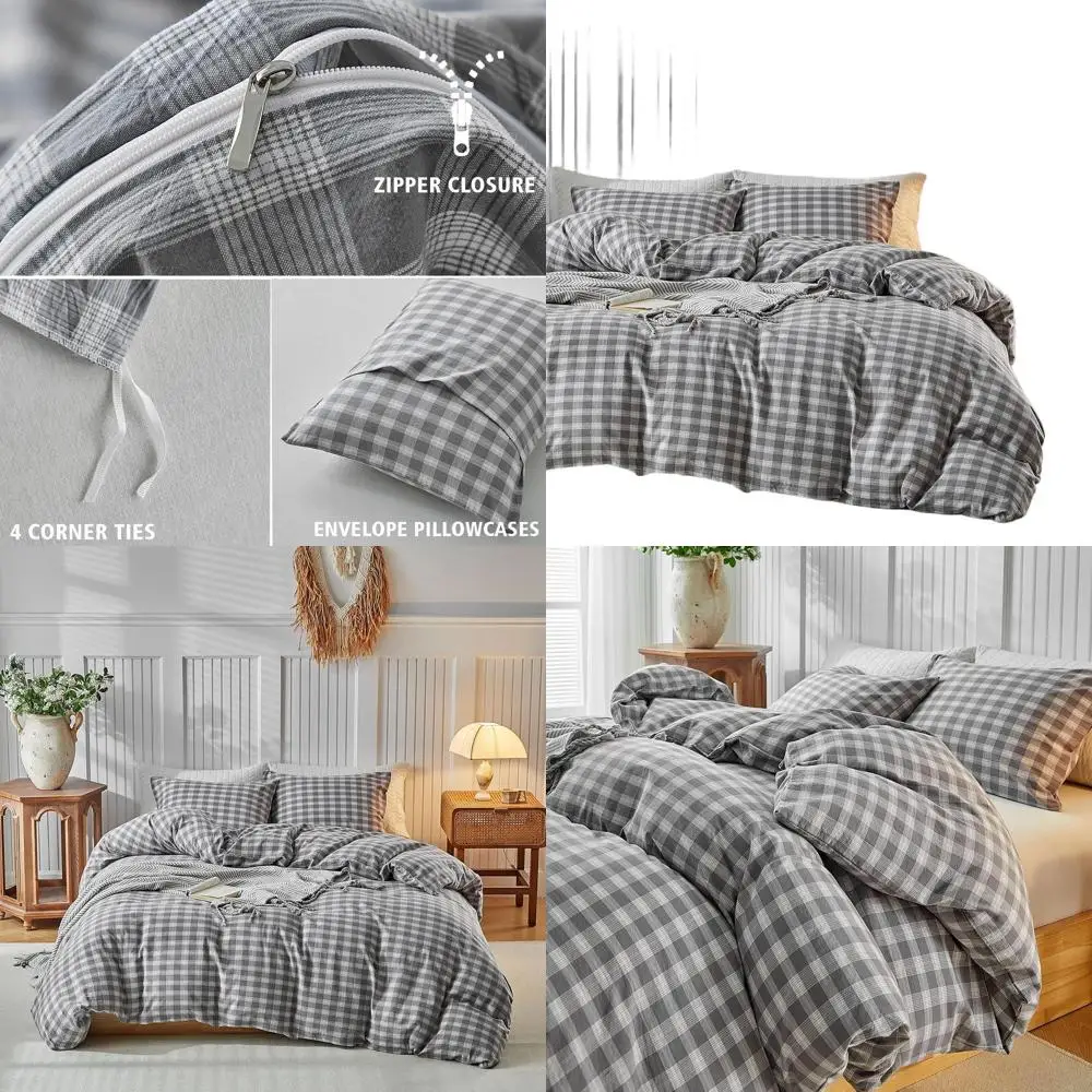

Серый комплект пододеяльников в клетку в клетку King Size с двумя наволочками, двусторонний, ультрамягкий