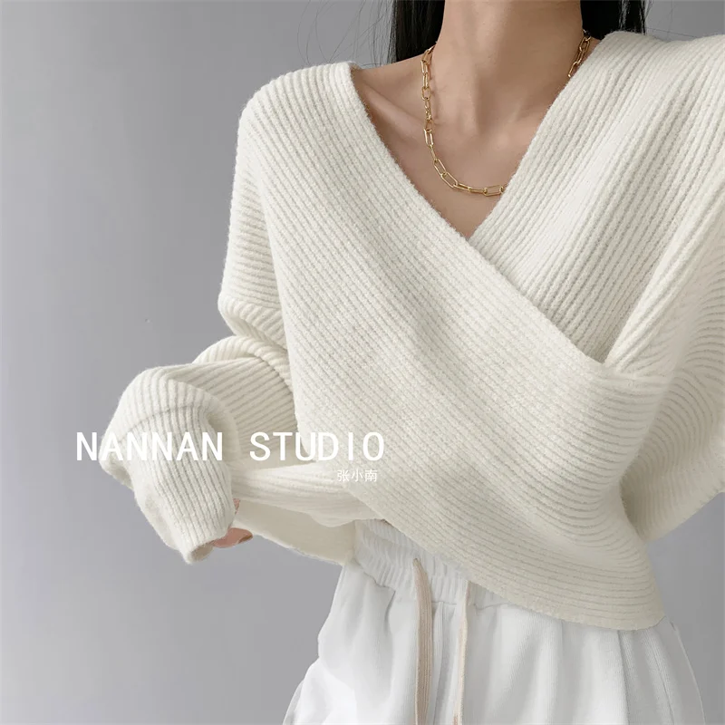 Criss-Cross Women\'s Knitting Sweater Female Elegant Solid V-neck Pullovers Autumn Sweet Office Lady Loose Women\'s Clothing