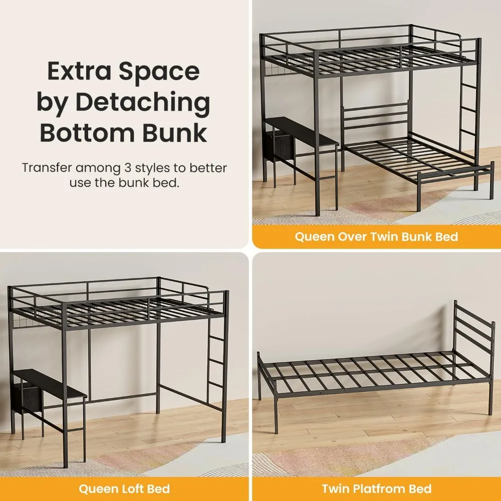 سرير بطابقين مزدوج على شكل حرف L مع مكتب وتخزين - سرير علوي قابل للفصل مع أدراج ورفوف، يخلق مكتبًا منزليًا واسعًا